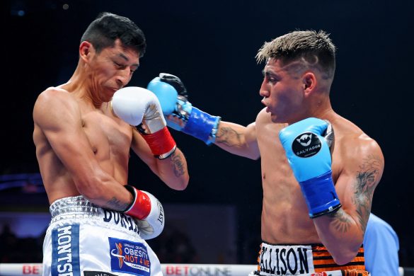 March 5, 2022; San Diego, CA, USA; Angel Fierro and Juan Carlos Burgos during their March 5, 2022 fight at the Pechanga Arena in San Diego, California. Mandatory Credit: Ed Mulholland/Matchroom.